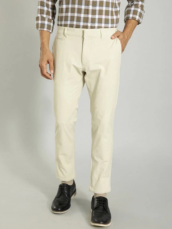 Indian Terrain Men's Comfort Fit Solid Beige Trousers
